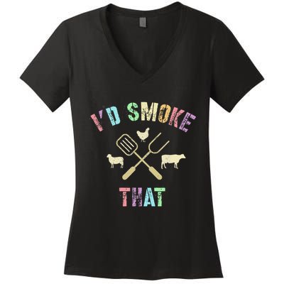 Funny Grilling ID Smoke That Grills Chef Pit Meat Gangster Women's V-Neck T-Shirt