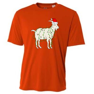 Funny Goat In Tangled Christmas Lights Santa Claus Hat Cooling Performance Crew T-Shirt