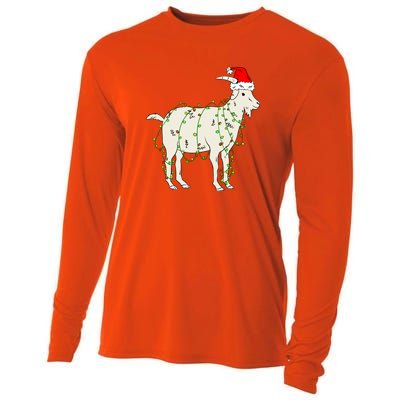 Funny Goat In Tangled Christmas Lights Santa Claus Hat Cooling Performance Long Sleeve Crew