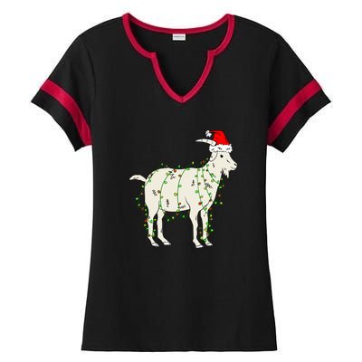 Funny Goat In Tangled Christmas Lights Santa Claus Hat Ladies Halftime Notch Neck Tee