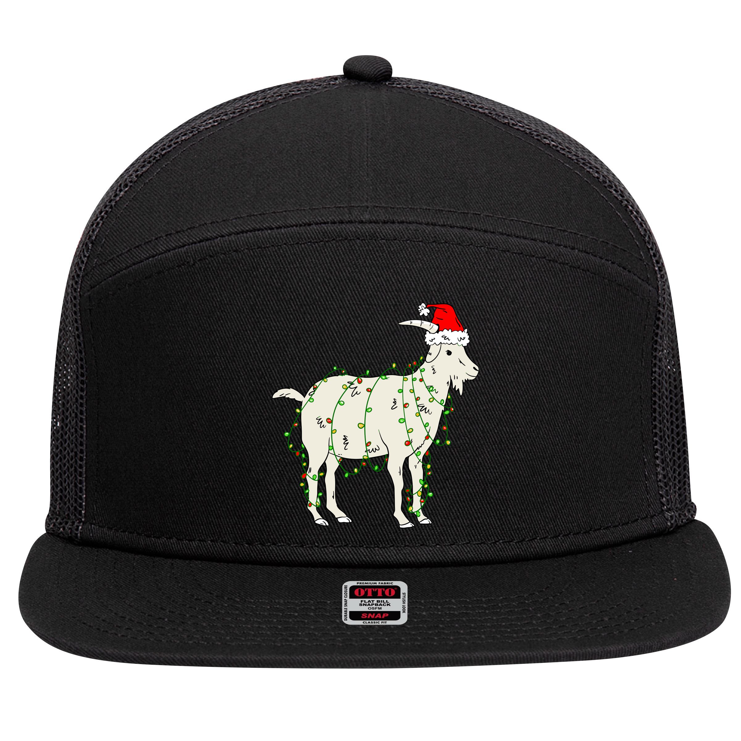 Funny Goat In Tangled Christmas Lights Santa Claus Hat 7 Panel Mesh Trucker Snapback Hat