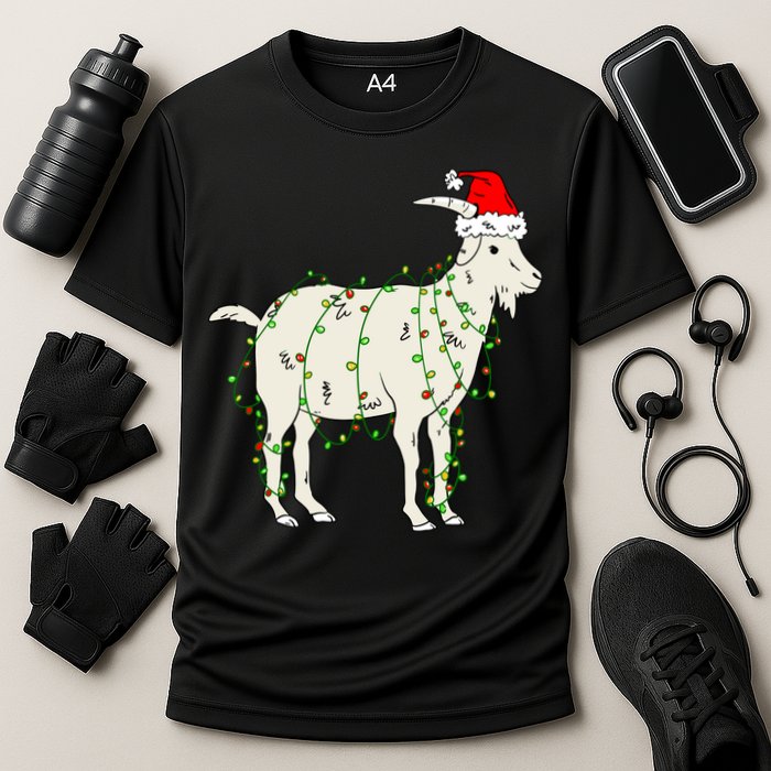 Funny Goat In Tangled Christmas Lights Santa Claus Hat Cooling Performance Crew T-Shirt