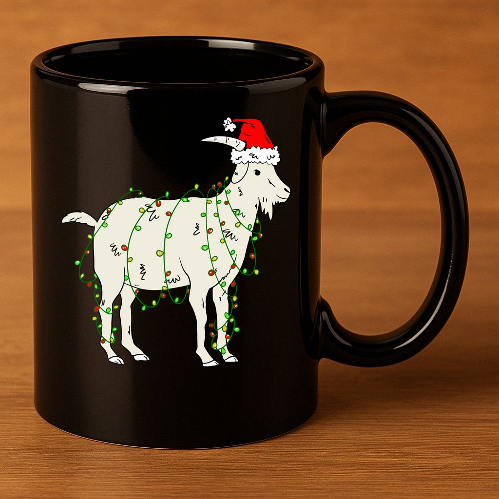 Funny Goat In Tangled Christmas Lights Santa Claus Hat 11oz C Handle Ceramic Mug