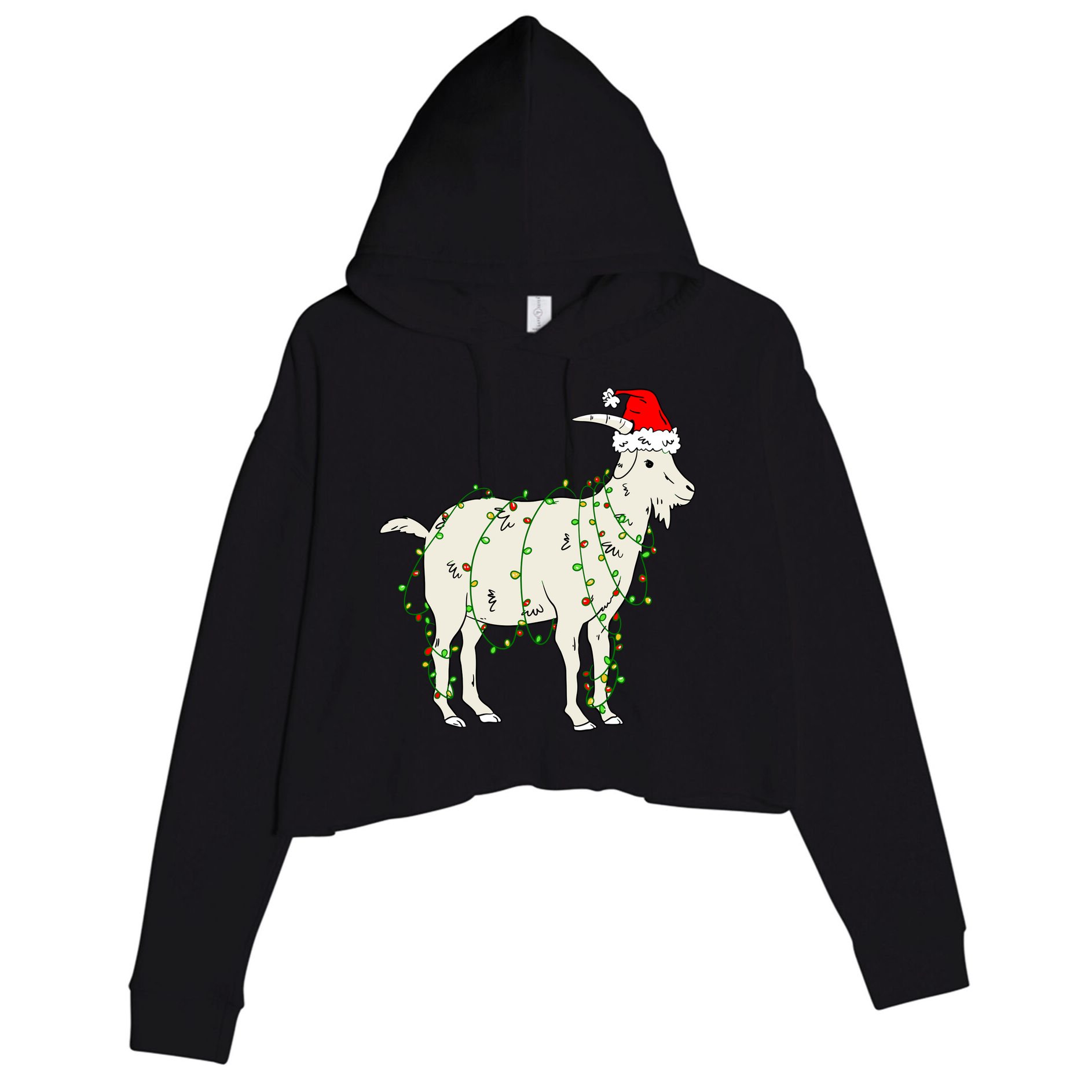 Funny Goat In Tangled Christmas Lights Santa Claus Hat Crop Fleece Hoodie