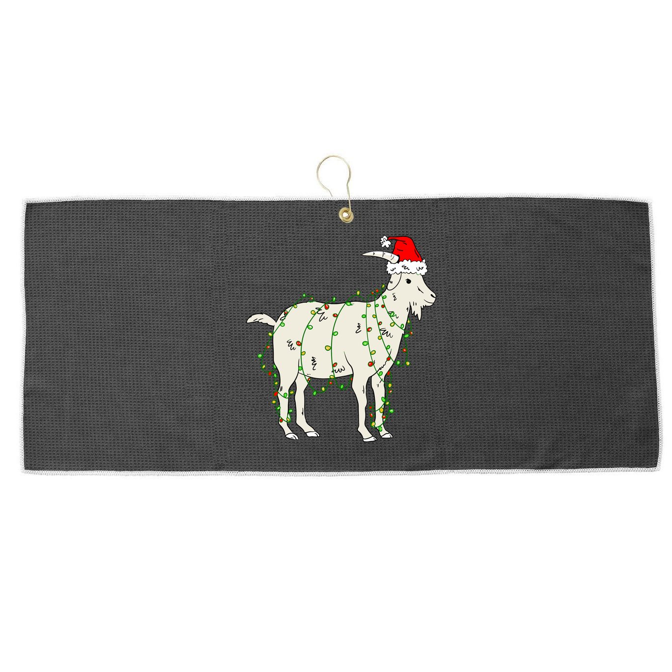 Funny Goat In Tangled Christmas Lights Santa Claus Hat Large Microfiber Waffle Golf Towel