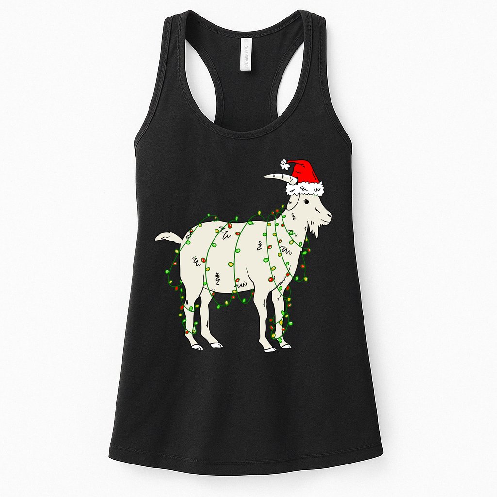 Funny Goat In Tangled Christmas Lights Santa Claus Hat Womens Tank Top