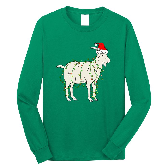 Funny Goat In Tangled Christmas Lights Santa Claus Hat Long Sleeve Shirt