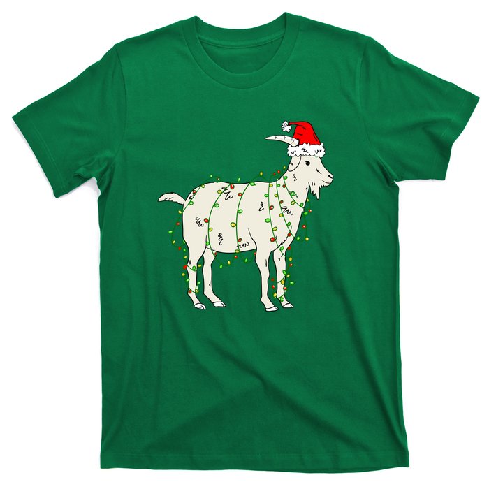 Funny Goat In Tangled Christmas Lights Santa Claus Hat T-Shirt