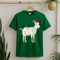 Funny Goat In Tangled Christmas Lights Santa Claus Hat T-Shirt