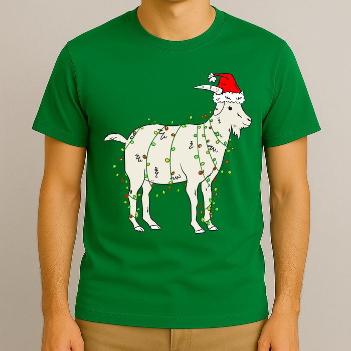 Funny Goat In Tangled Christmas Lights Santa Claus Hat T-Shirt