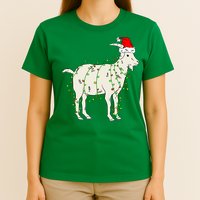 Funny Goat In Tangled Christmas Lights Santa Claus Hat T-Shirt