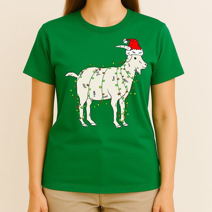 Funny Goat In Tangled Christmas Lights Santa Claus Hat T-Shirt