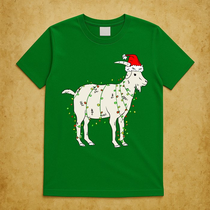 Funny Goat In Tangled Christmas Lights Santa Claus Hat T-Shirt