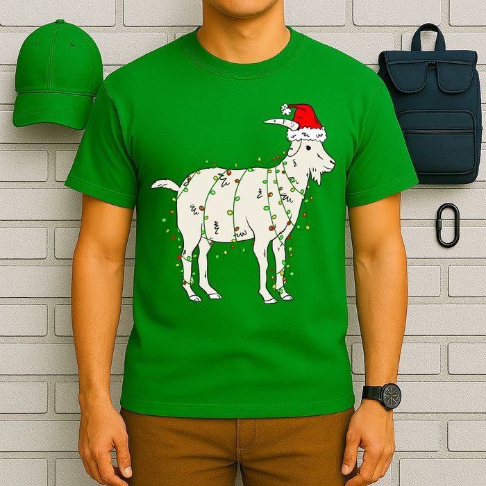 Funny Goat In Tangled Christmas Lights Santa Claus Hat T-Shirt