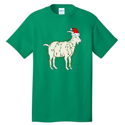 Funny Goat In Tangled Christmas Lights Santa Claus Hat Tall T-Shirt