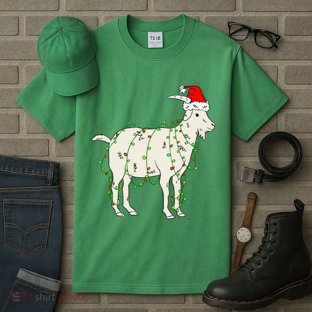 Funny Goat In Tangled Christmas Lights Santa Claus Hat Tall T-Shirt