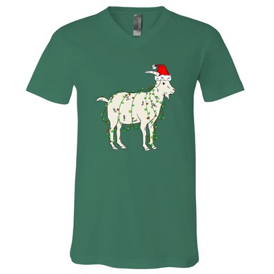 Funny Goat In Tangled Christmas Lights Santa Claus Hat V-Neck T-Shirt