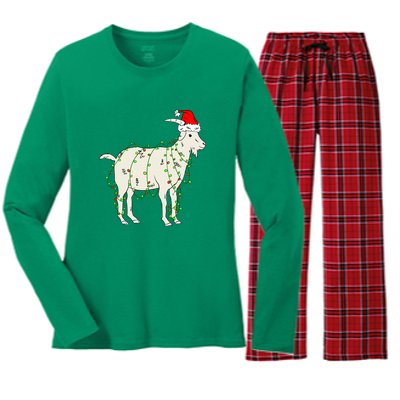 Funny Goat In Tangled Christmas Lights Santa Claus Hat Women's Long Sleeve Flannel Pajama Set 