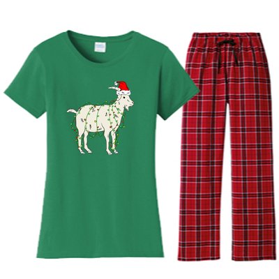 Funny Goat In Tangled Christmas Lights Santa Claus Hat Women's Flannel Pajama Set