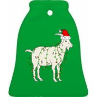 Funny Goat In Tangled Christmas Lights Santa Claus Hat Ceramic Bell Ornament