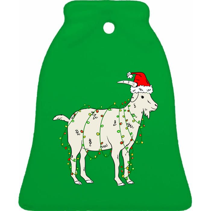 Funny Goat In Tangled Christmas Lights Santa Claus Hat Ceramic Bell Ornament