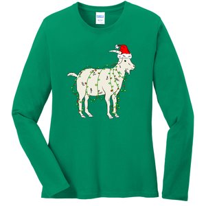 Funny Goat In Tangled Christmas Lights Santa Claus Hat Ladies Long Sleeve Shirt