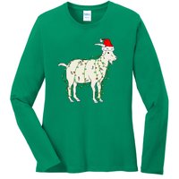 Funny Goat In Tangled Christmas Lights Santa Claus Hat Ladies Long Sleeve Shirt