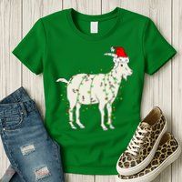 Funny Goat In Tangled Christmas Lights Santa Claus Hat Womens T-Shirt