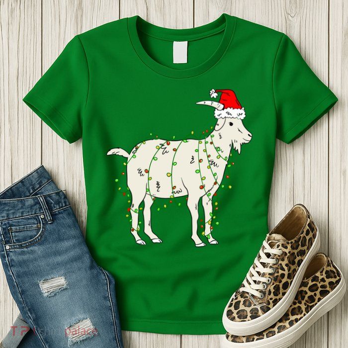 Funny Goat In Tangled Christmas Lights Santa Claus Hat Womens T-Shirt