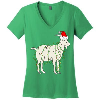 Funny Goat In Tangled Christmas Lights Santa Claus Hat Women's V-Neck T-Shirt