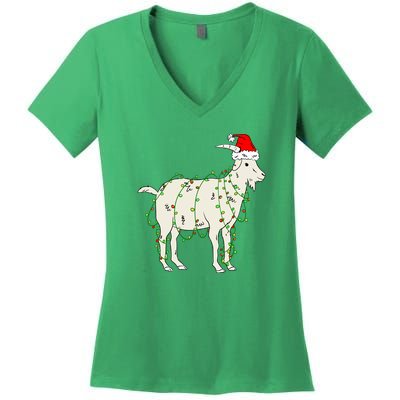 Funny Goat In Tangled Christmas Lights Santa Claus Hat Women's V-Neck T-Shirt