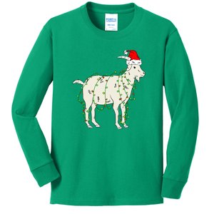 Funny Goat In Tangled Christmas Lights Santa Claus Hat Kids Long Sleeve Shirt