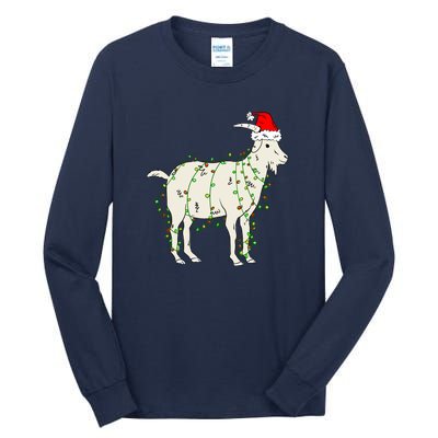 Funny Goat In Tangled Christmas Lights Santa Claus Hat Tall Long Sleeve T-Shirt