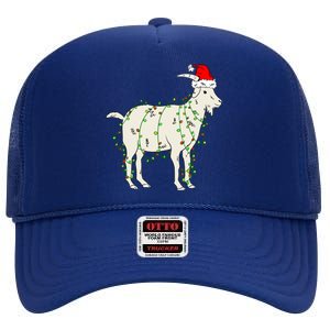 Funny Goat In Tangled Christmas Lights Santa Claus Hat High Crown Mesh Back Trucker Hat