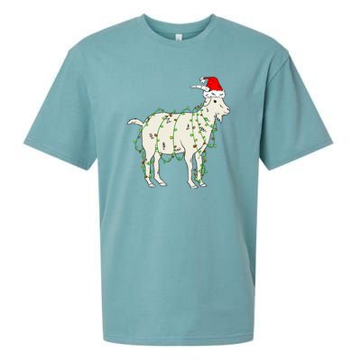 Funny Goat In Tangled Christmas Lights Santa Claus Hat Sueded Cloud Jersey T-Shirt