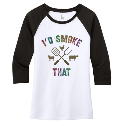 Funny Grilling ID Smoke That Grill Daddy Pit Meat Squad Women's Tri-Blend 3/4-Sleeve Raglan Shirt