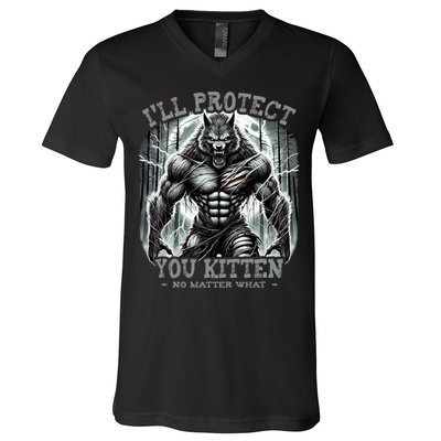 Funny Graphic ILl Protect You Kitten Alpha Wolf V-Neck T-Shirt
