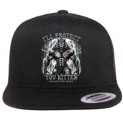 Funny Graphic ILl Protect You Kitten Alpha Wolf Flatbill Hat
