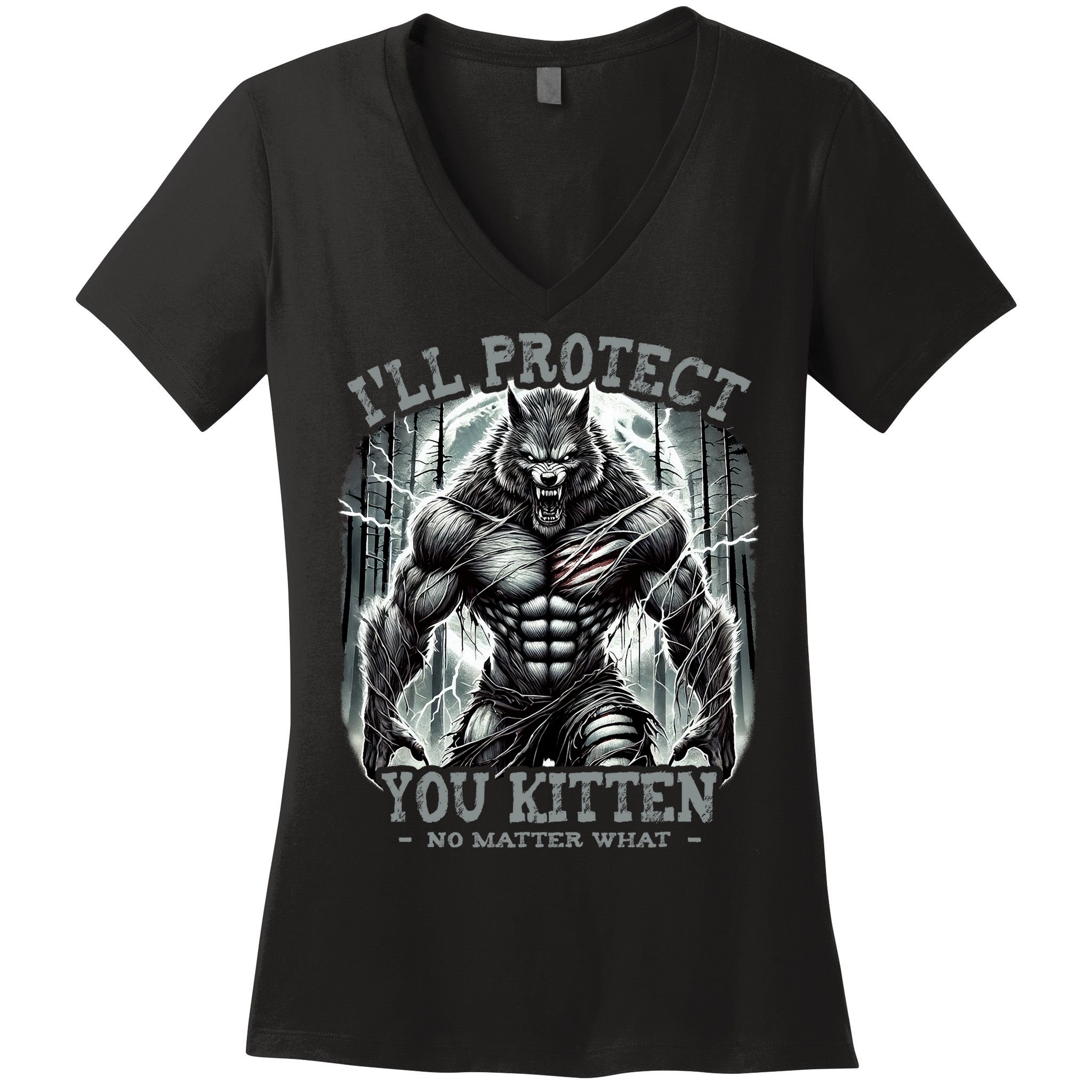 Funny Graphic ILl Protect You Kitten Alpha Wolf Women's V-Neck T-Shirt