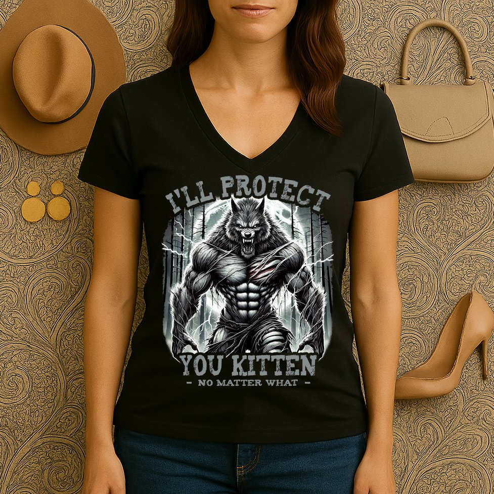 Funny Graphic ILl Protect You Kitten Alpha Wolf Women's V-Neck T-Shirt