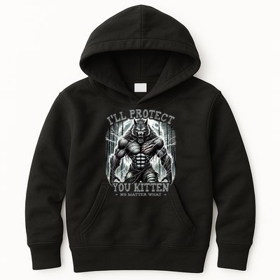 Funny Graphic ILl Protect You Kitten Alpha Wolf Kids Hoodie
