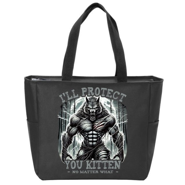 Funny Graphic ILl Protect You Kitten Alpha Wolf Zip Tote Bag