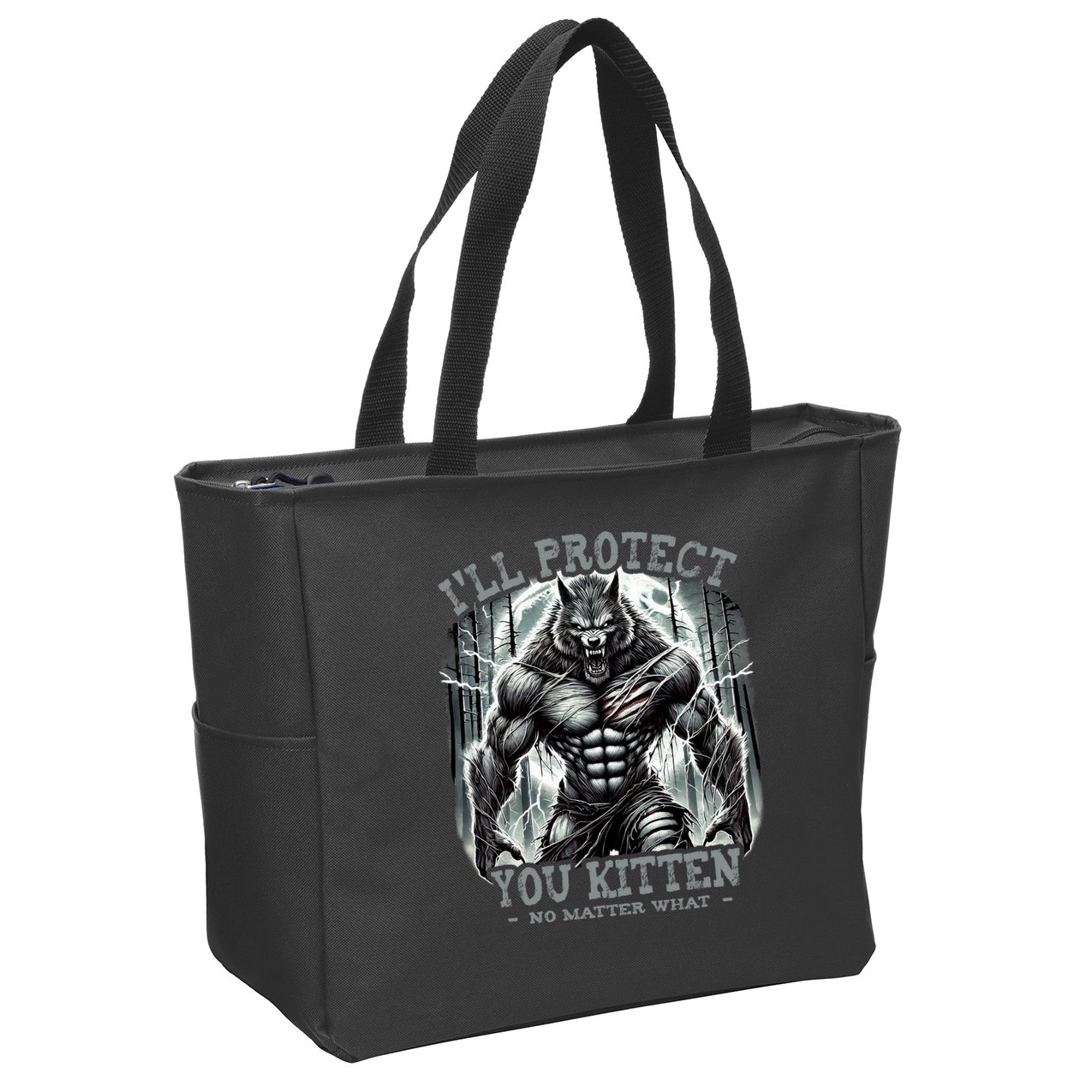 Funny Graphic ILl Protect You Kitten Alpha Wolf Zip Tote Bag