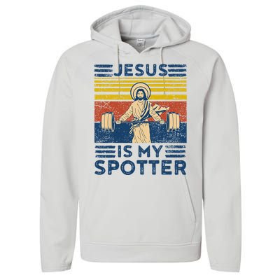 Funny Gym Jesus Is My Spotter Funny Workout Jesus Performance Fleece Hoodie