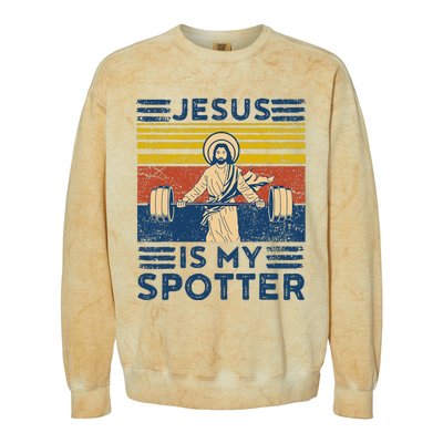 Funny Gym Jesus Is My Spotter Funny Workout Jesus Colorblast Crewneck Sweatshirt