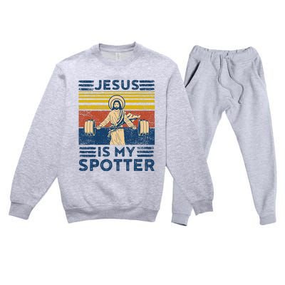 Funny Gym Jesus Is My Spotter Funny Workout Jesus Premium Crewneck Sweatsuit Set