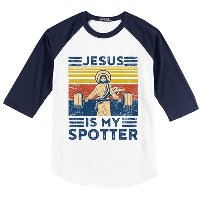 Funny Gym Jesus Is My Spotter Funny Workout Jesus Baseball Sleeve Shirt