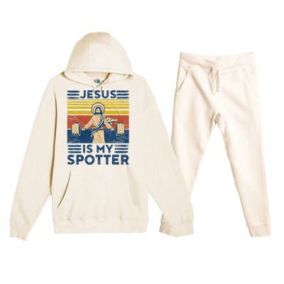 Funny Gym Jesus Is My Spotter Funny Workout Jesus Premium Hooded Sweatsuit Set