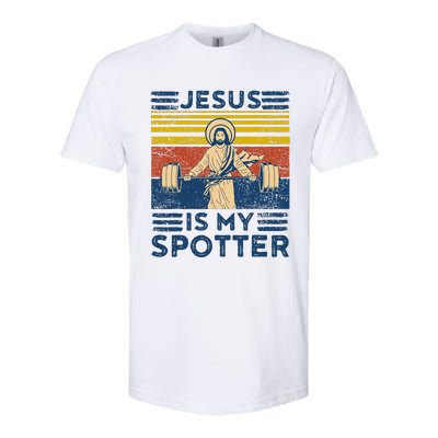 Funny Gym Jesus Is My Spotter Funny Workout Jesus Softstyle CVC T-Shirt