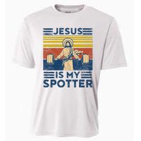 Funny Gym Jesus Is My Spotter Funny Workout Jesus Cooling Performance Crew T-Shirt